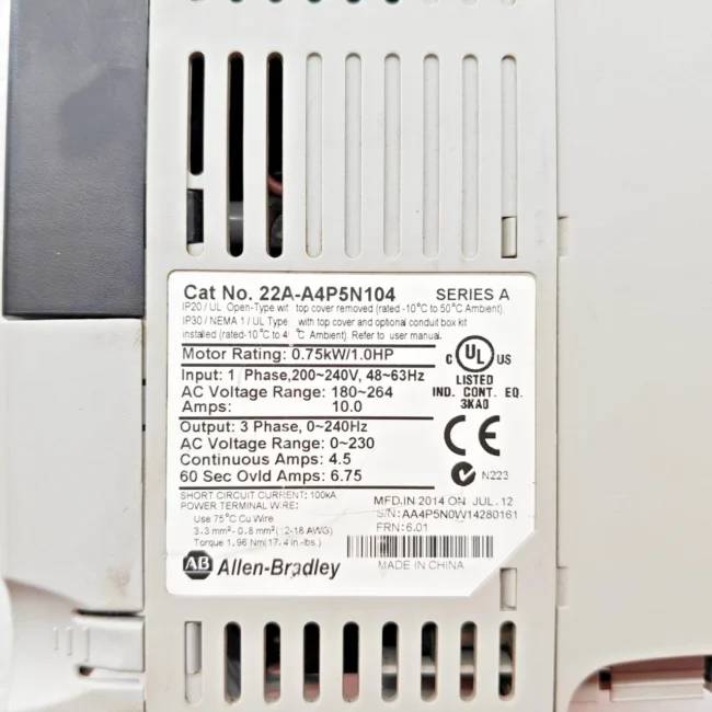 Allen Bradley 22A-A4P5N104 Ser.A PowerFlex 4 240V Single Phase 0.75 Kw 1HP - Image 7