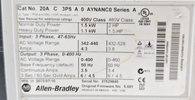 Allen Bradley 20AC3P5A0AYNANC0 Power flex70 Ac Drive 2HP (1.5KW) - Image 5